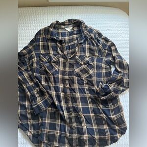 Plaid blue and brown button down woman shirt